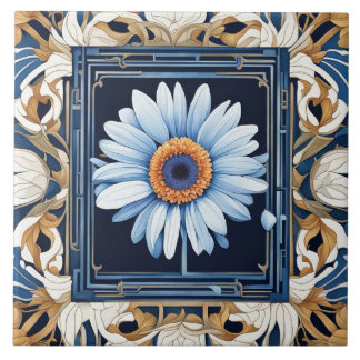 Art Nouveau Deco Blue Gerbera Daisy Flower