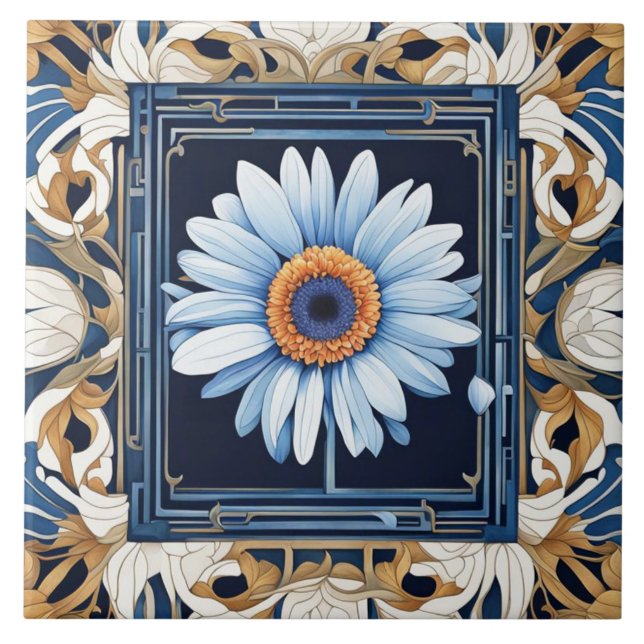 Art Nouveau Deco Blue Gerbera Daisy Flower (Frente)