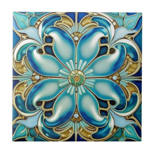 Art Nouveau Dourado Aqua Blue Geométrico