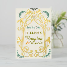 Art Nouveau Dourado Verde Botânico Salvar a Data