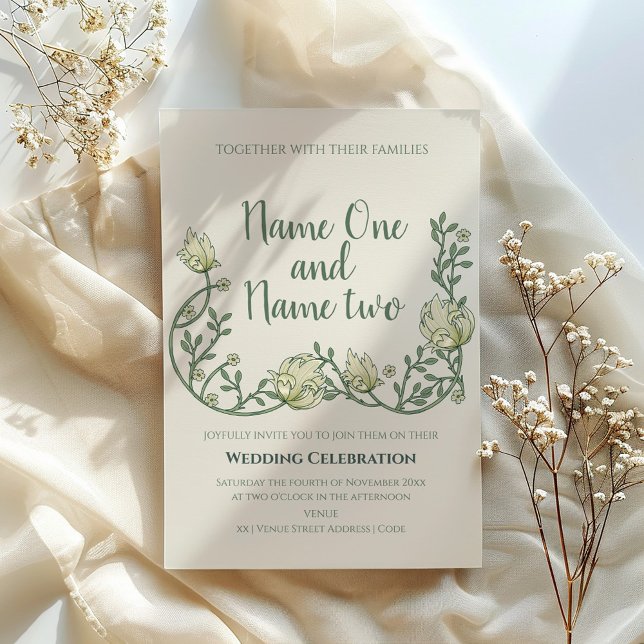 Art nouveau estilo convite para o casamento floral (Art nouveau style wedding invitation with vintage style floral border and green script.)