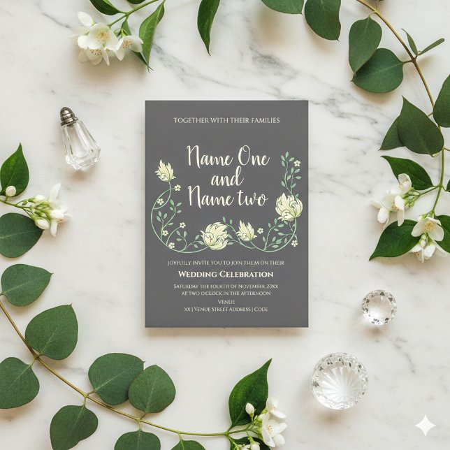 Art nouveau estilo escuro convite para o casamento (Dark art nouveau and cream flowers wedding invitation.)