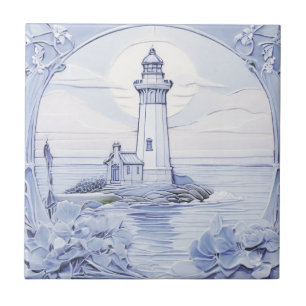 Art Nouveau Farol Mar do Oceano Azul e Branco