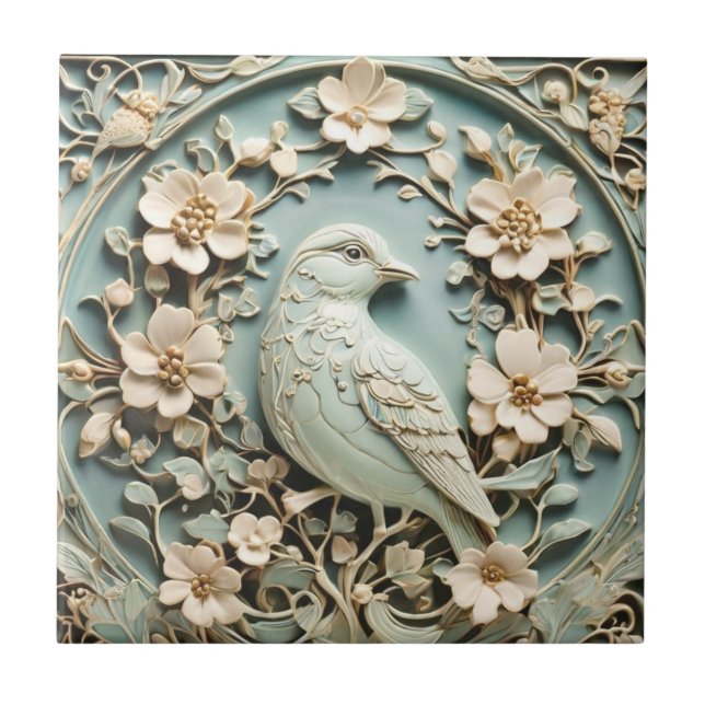 Art Nouveau Faux Alivio Bird & Spring Flowers Mint (Frente)
