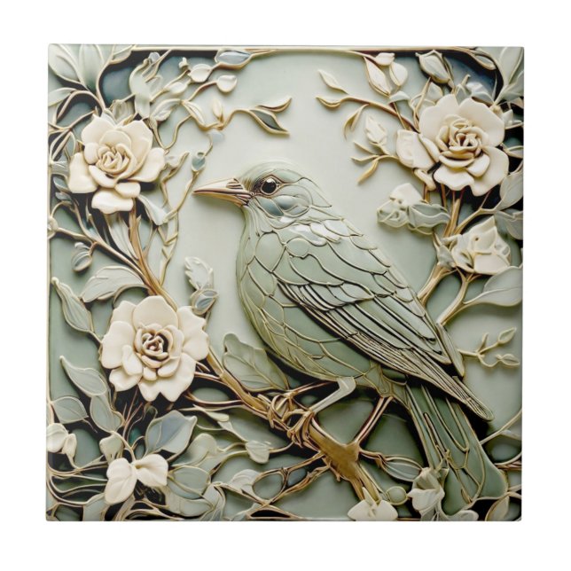 Art Nouveau Faux Alivio Blackbird Bird Pastel Mint (Frente)