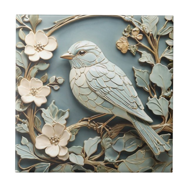 Art Nouveau Faux Alivio Bluebird Pássaro Virado pa (Frente)