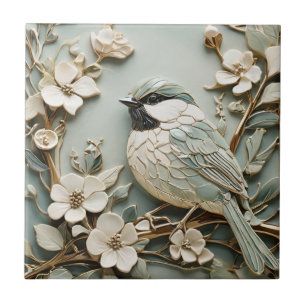 Art Nouveau Faux Alivio Chickadee Bird Mint Floral