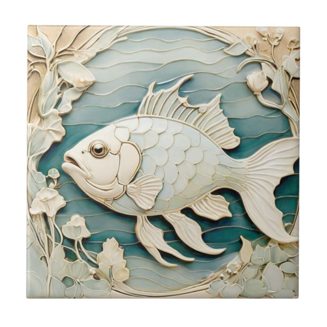 Art Nouveau Faux Alivio Fish Sea Ocean Náutico (Frente)