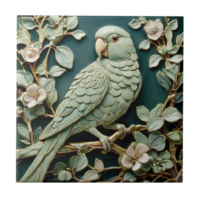 Art Nouveau Faux Alivio L Parakeet Bird Teal Green (Frente)
