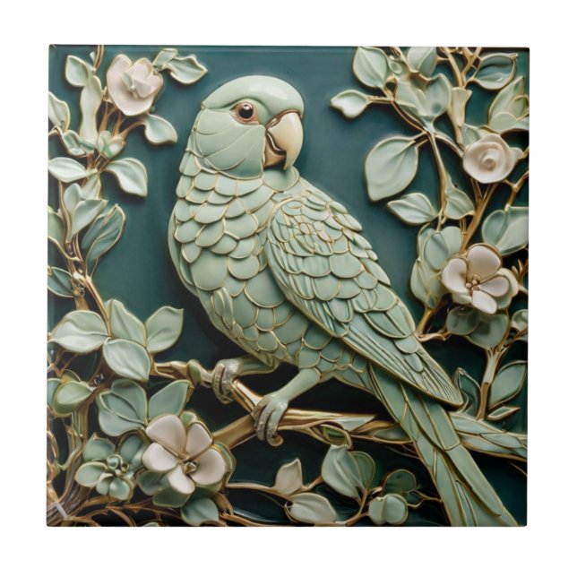 Art Nouveau Faux Alivio R Parakeet Bird Teal Green (Frente)