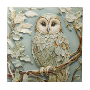Art Nouveau Faux Alivio Tawny Owl Bird Pastel Mint