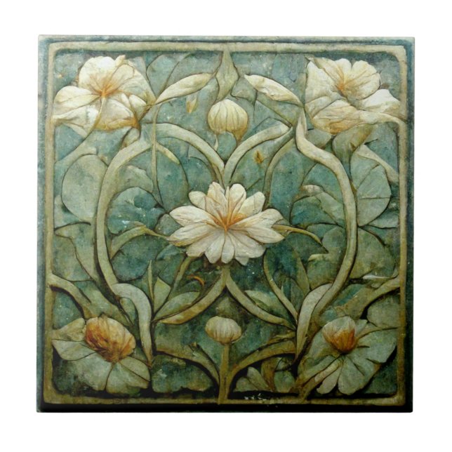 Art Nouveau, Floral Branco Francês, Azul Decorativ (Frente)