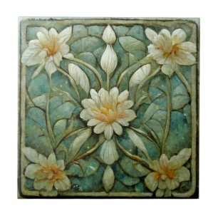 Art Nouveau, Floral Branco Francês, Belo Azul