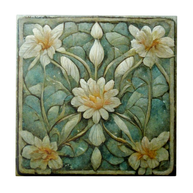 Art Nouveau, Floral Branco Francês, Belo Azul (Frente)
