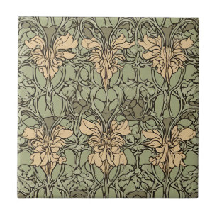 Art Nouveau Floral Damask Green, Beige Abstrato