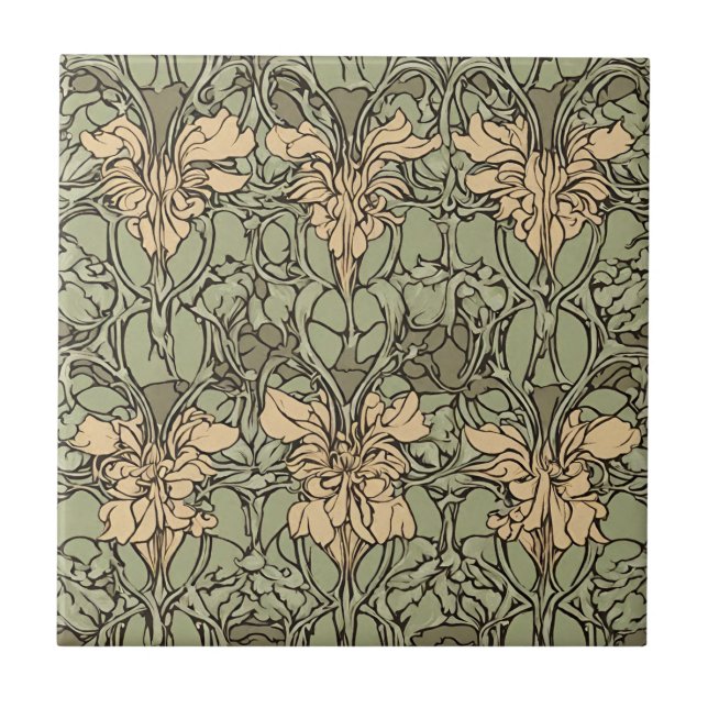 Art Nouveau Floral Damask Green, Beige Abstrato (Frente)