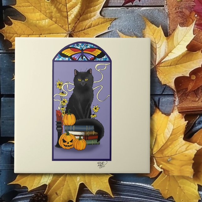 Art Nouveau Gato Preto Abóbora Roxo Outono Amarelo (Criador carregado)