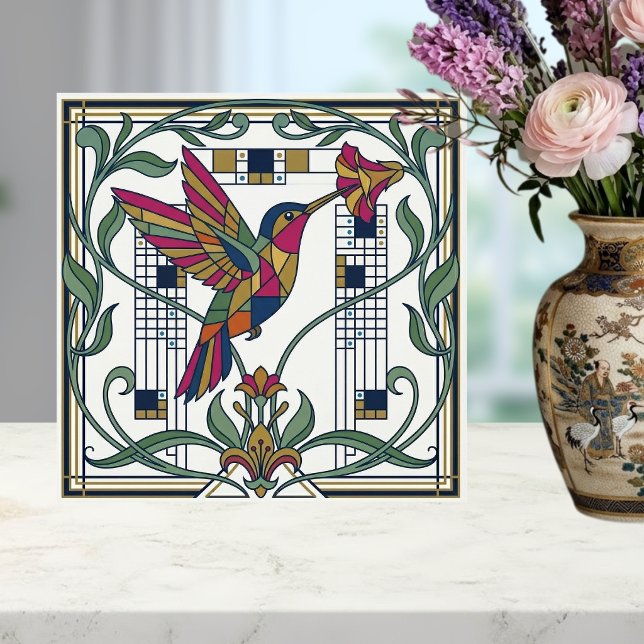 Art Nouveau Geometric Bird Flower Ceramic Tile (Criador carregado)