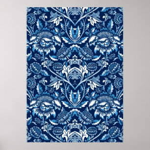 Art Nouveau Girassóis, Poster Azul Escuro e Branco