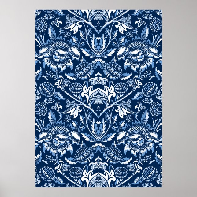 Art Nouveau Girassóis, Poster Azul Escuro e Branco (Frente)