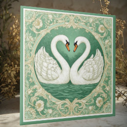 Art Nouveau Green Swan Couple Lake Floral Motifs