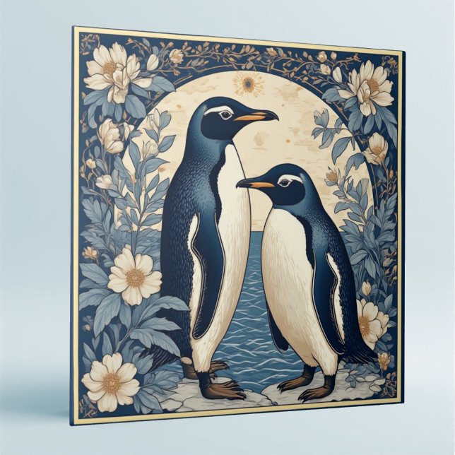 Art Nouveau Ice Birds Penguin Couple Floral Decor  (Art Nouveau Ice Birds Penguin Couple Floral Decor Ceramic Tile)