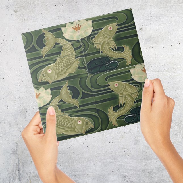 Art Nouveau Jugendstil Pond Fish Green (green Art Deco vintage tile with japanese style koi fish in pond with waterlily)