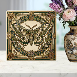 Art Nouveau Moth Green Gold Floral Ceramic Tile