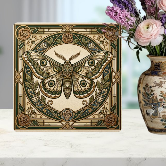 Art Nouveau Moth Green Gold Floral Ceramic Tile (Criador carregado)
