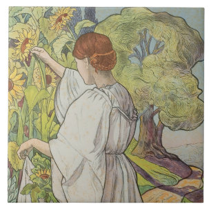 Art Nouveau Mulher Floral Mucha Margarida Verde Fr
