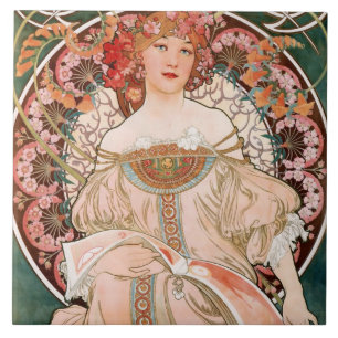 Art Nouveau Mulher Floral Mucha Verde Francês