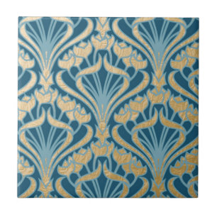 Art Nouveau,ouro,teal,damasco,floral,padrão,chic,