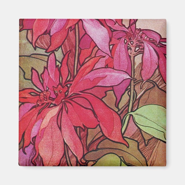 Art Nouveau Poinsettia Imã de geladeira de Natal (Frente)