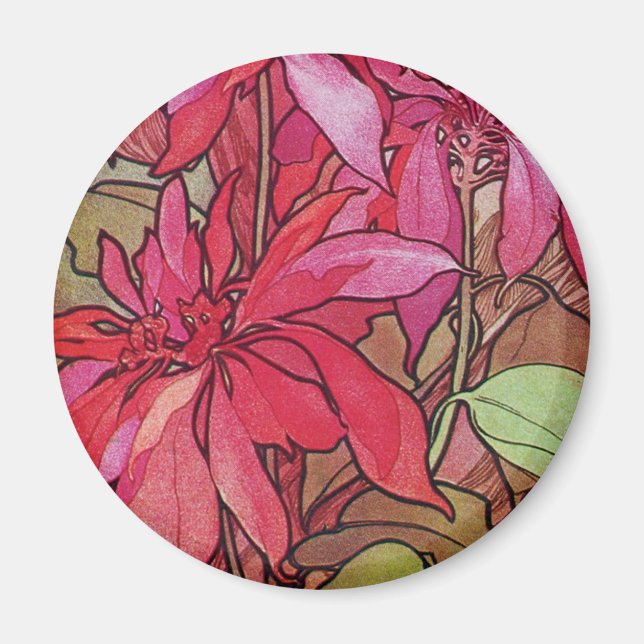 Art Nouveau Poinsettia Imã de geladeira de Natal (Frente)