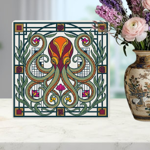 Art Nouveau Polvo Laranja Borgonha Verde Floral D
