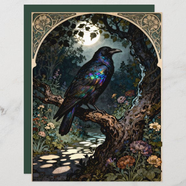 Art Nouveau Raven Scrapbook Paper (Frente/Verso)