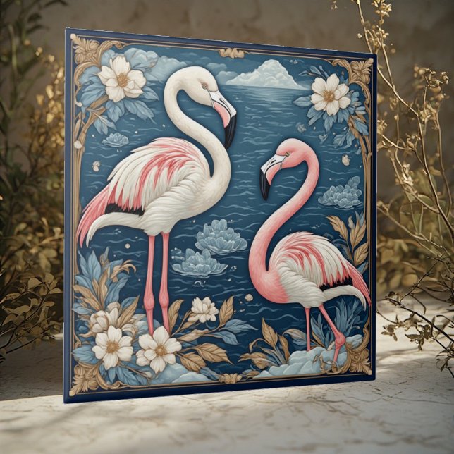Art Nouveau Romantic Flamingo Couple Floral Motifs (Art Nouveau Romantic Flamingo Couple Floral Motifs Ceramic Tile)