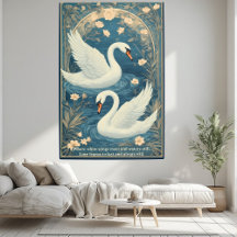 Art Nouveau Swan Couple Blue Pond Romantic Quote