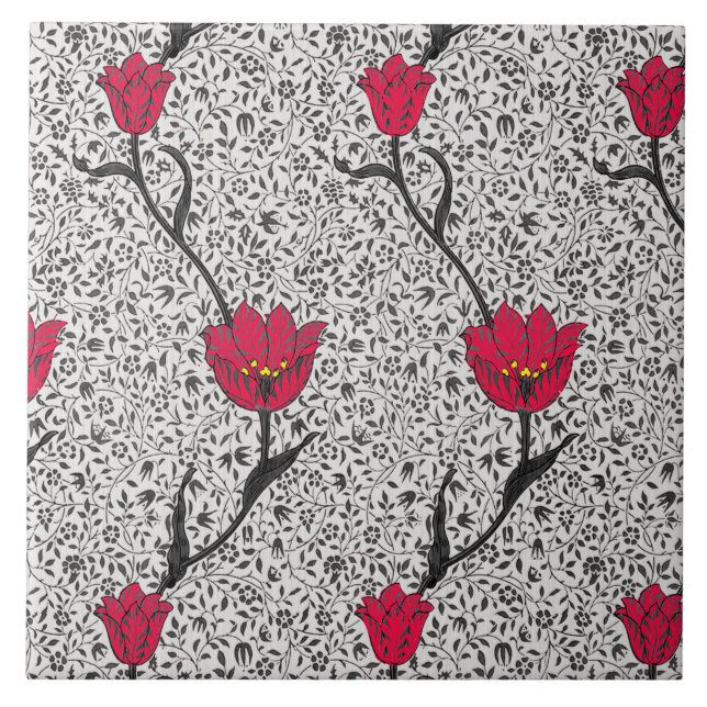 Art Nouveau Tulip Damask, Cinzas e Vermelho (Frente)