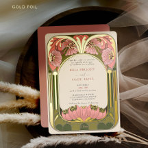 Art Nouveau Vintage Casamento Dourado Verde Rosa F