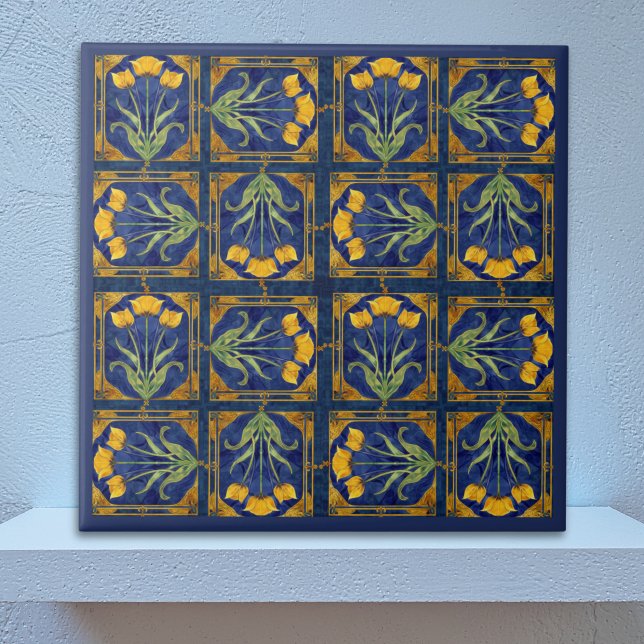 Art Nouveau Yellow Tulip n Royal Blue Tile Pattern (Criador carregado)