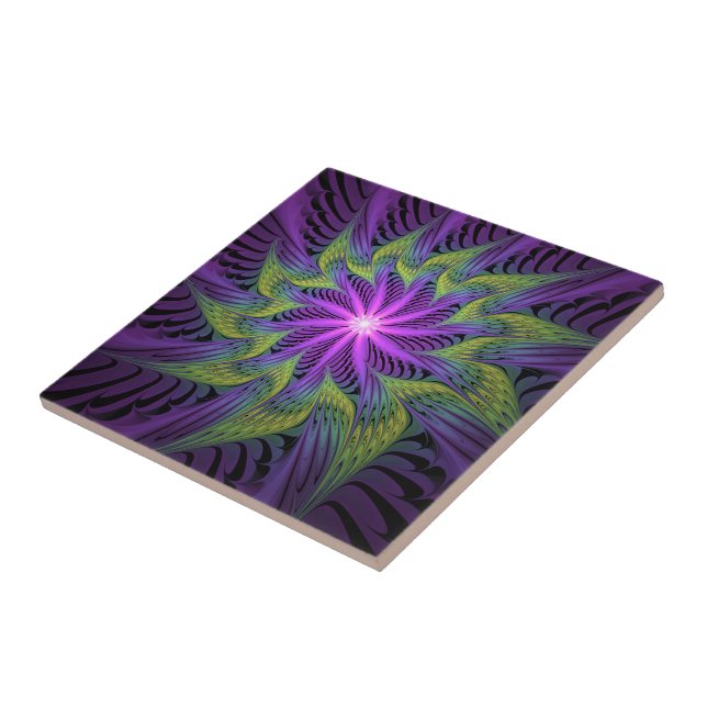 Arte abstrata fractal moderna flor roxa verde (Lateral)