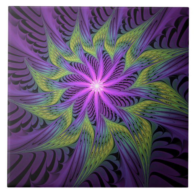Arte abstrata fractal moderna flor roxa verde (Frente)