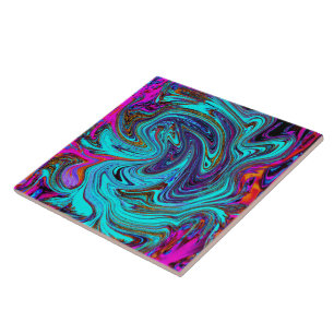 Arte Abstrata Retro Groovy Azul Aquático e Preto