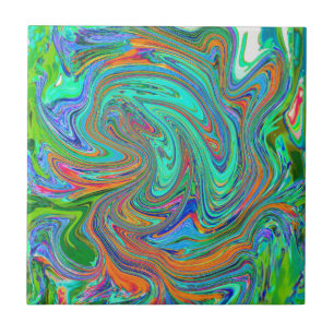 Arte Abstrata Retro Groovy em Aqua, Laranja e Verd