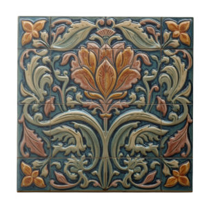 Arte Antiga Arte Nova azul Majólica Artesanal Flor