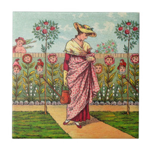 Arte Antigo Jardim Crescer Flor Mulher