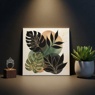 Arte Botânica Abstrata Moderna Folha Preta e Doura