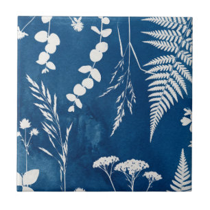 Arte Botânica de Samambaia em Azul Cianotipia Índi