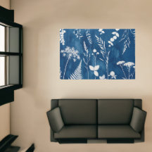 Arte Botânica de Samambaia em Azul Cianotipia Índi